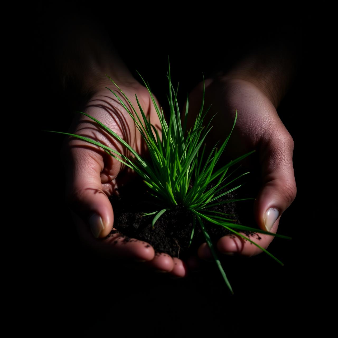 Hands holding fresh grass and soil